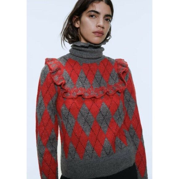 Zara Sweaters - Zara Womens Argyle Sweater Turtleneck Ruffle Gray Red S Small NWT
